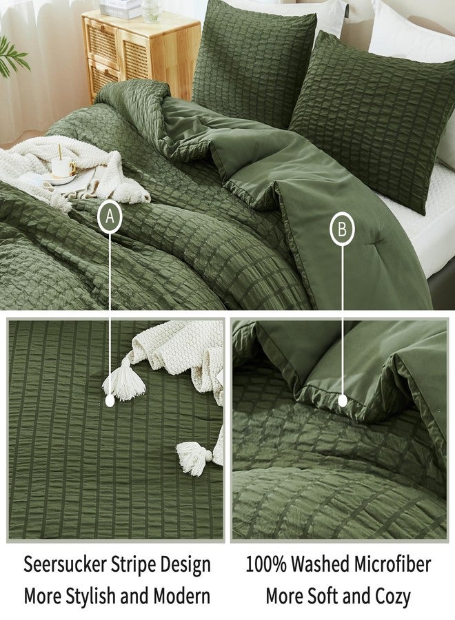 AveLom Dark Olive Green Seersucker King Comforter Set (104x90 inches), 3 Pieces-100% Soft Washed Microfiber Lightweight Comforter with 2 Pillowcases, All Season Down Alternative Bedding Set - Image 4